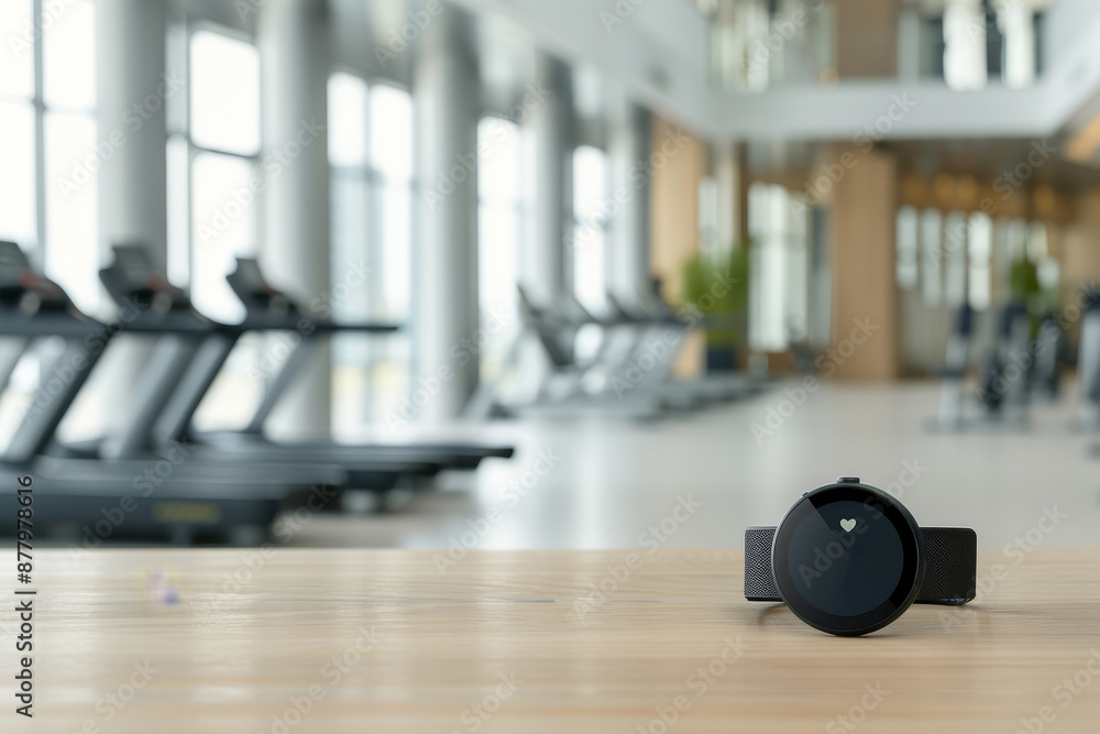 Fototapeta premium A smart watch sits on a wooden table in a gym