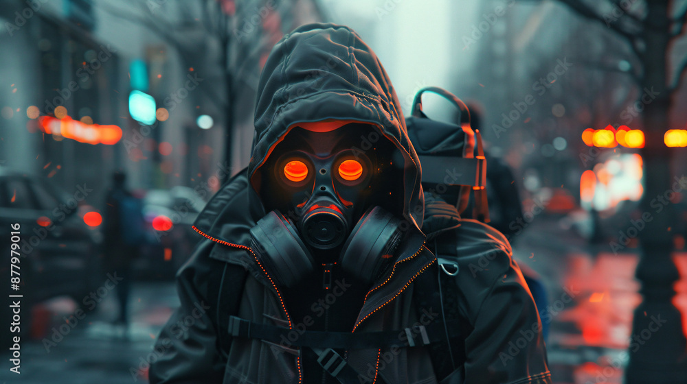 Anonymous Figure in Gas Mask in a City Street. Anonymous Figure in Gas Mask in a City Street.