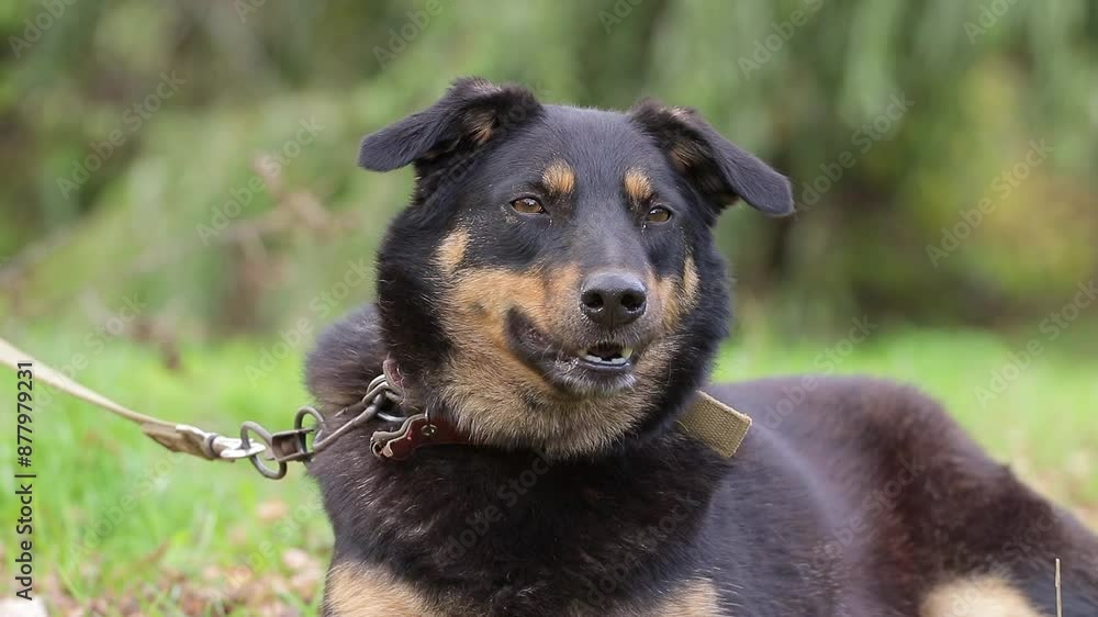 Dog smiling.Happy black mongrel dog on a walk with the owner.Happy pet close-up. Dog smiling.Happy black mongrel dog on a walk with the owner.Happy pet close-up.
