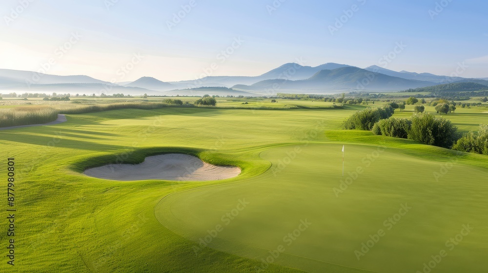 A golf course with a green field and a hole in the middle A golf course with a green field and a hole in the middle