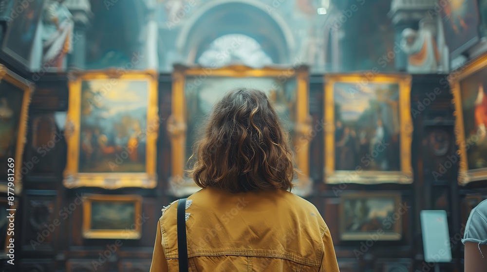 Back portrait of an adult woman looking at museum paintings in an old museum art gallery Back portrait of an adult woman looking at museum paintings in an old museum art gallery