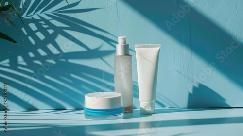 Selection of sunscreen in a jar and cosmetic tube with SPF cream on a bright blue background for skin protection from UV rays and prevent photoaging