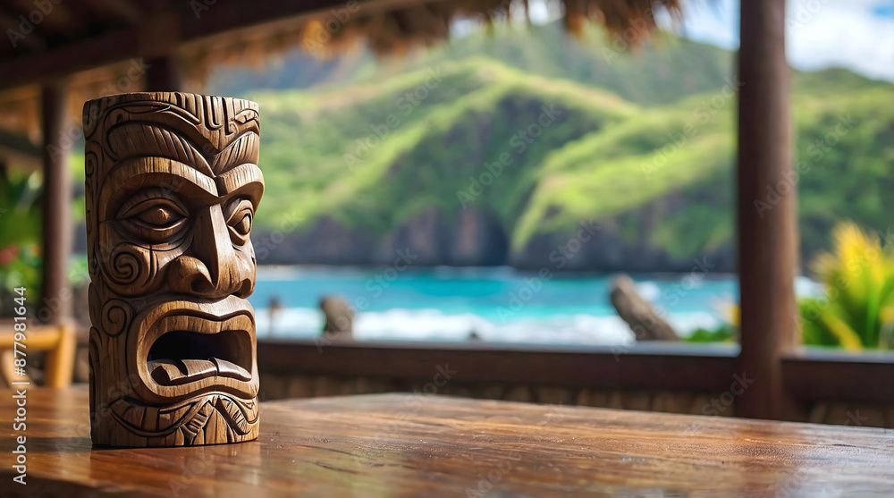 Polynesian culture, isolated wooden carved tiki statue, Hawaii background, banner with copy space text, template