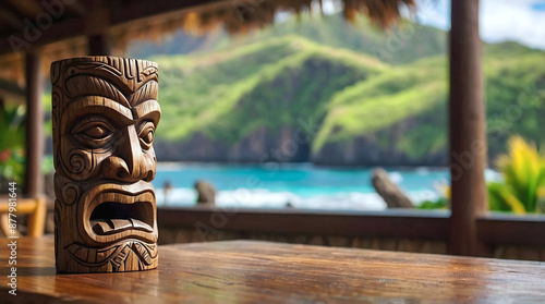 Obraz na płótnie Polynesian culture, isolated wooden carved tiki statue, Hawaii background, banner with copy space text, template w salonie