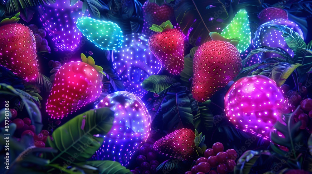 Obraz premium Enchanted Forest of Holographic Fruits - Vibrant Fantasy Digital Art with Illuminated Magic, Surreal Landscape, Colorful Dreamworld