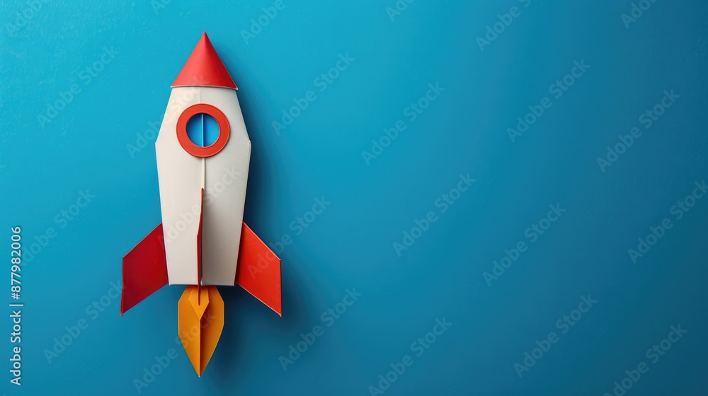 Rocket paper craft taking off with copy space on a blue background symbolizing back to school Rocket paper craft taking off with copy space on a blue background symbolizing back to school