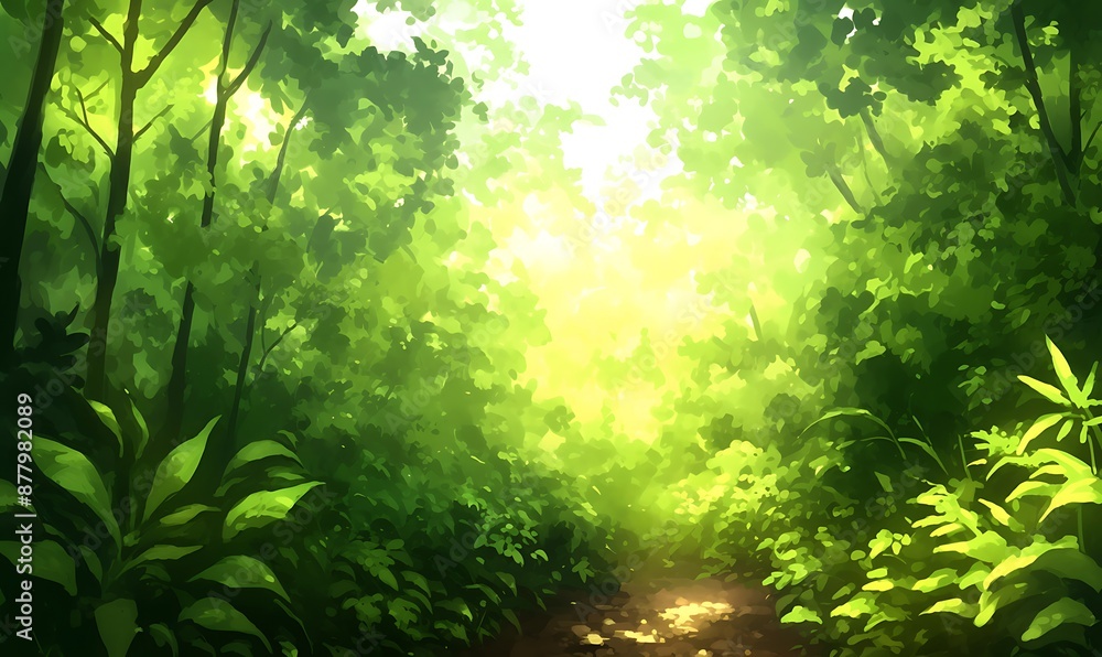 Fototapeta premium Sunlit Path Through Lush Green Forest