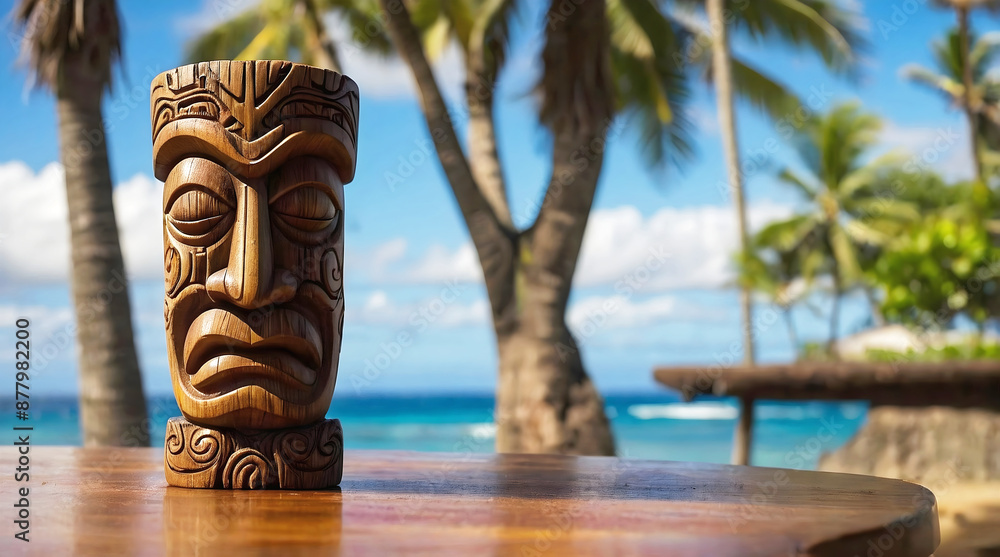 Polynesian culture, isolated wooden carved tiki statue, Hawaii background, banner with copy space text, template