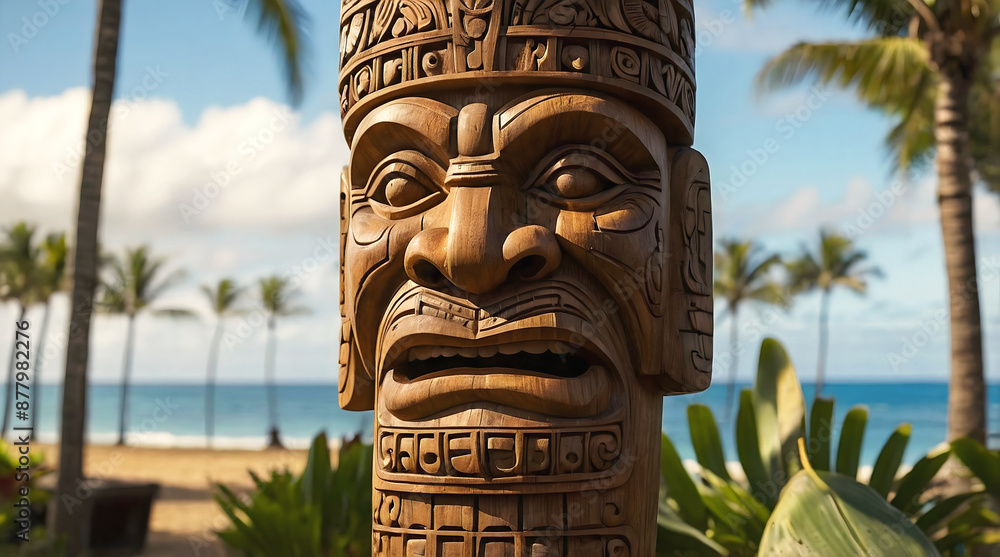 Polynesian culture, isolated wooden carved tiki statue, Hawaii background, banner with copy space text, template