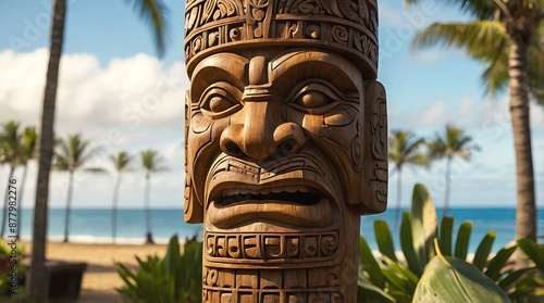 Obraz na płótnie Polynesian culture, isolated wooden carved tiki statue, Hawaii background, banner with copy space text, template w salonie