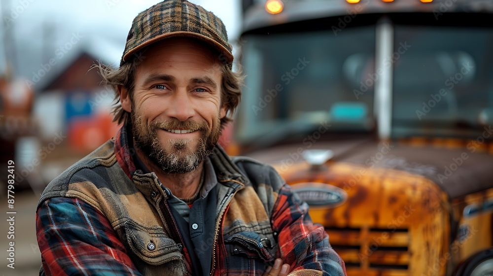 Fototapeta premium Young male truck driver standing in front of his truck, arms crossed, smiling at the camera, bearded man, wearing a hat