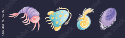 Plankton Diverse Water Organism Free Floating on Dark Background Vector Set