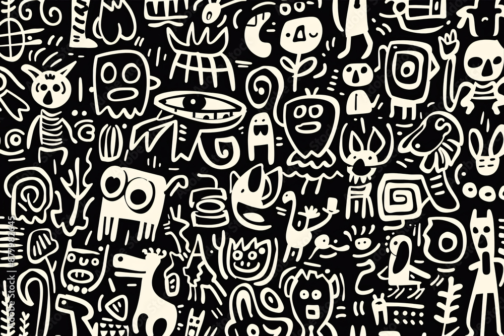 A seamless pattern of an intricate doodle drawing with many abstract shapes and lines, simple doodling drawn on black paper using white ink, whimsical, hand-drawn doodled drawings A seamless pattern of an intricate doodle drawing with many abstract shapes and lines, simple doodling drawn on black paper using white ink, whimsical, hand-drawn doodled drawings