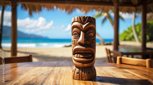 Polynesian culture, isolated wooden carved tiki statue, Hawaii background, banner with copy space text, template	