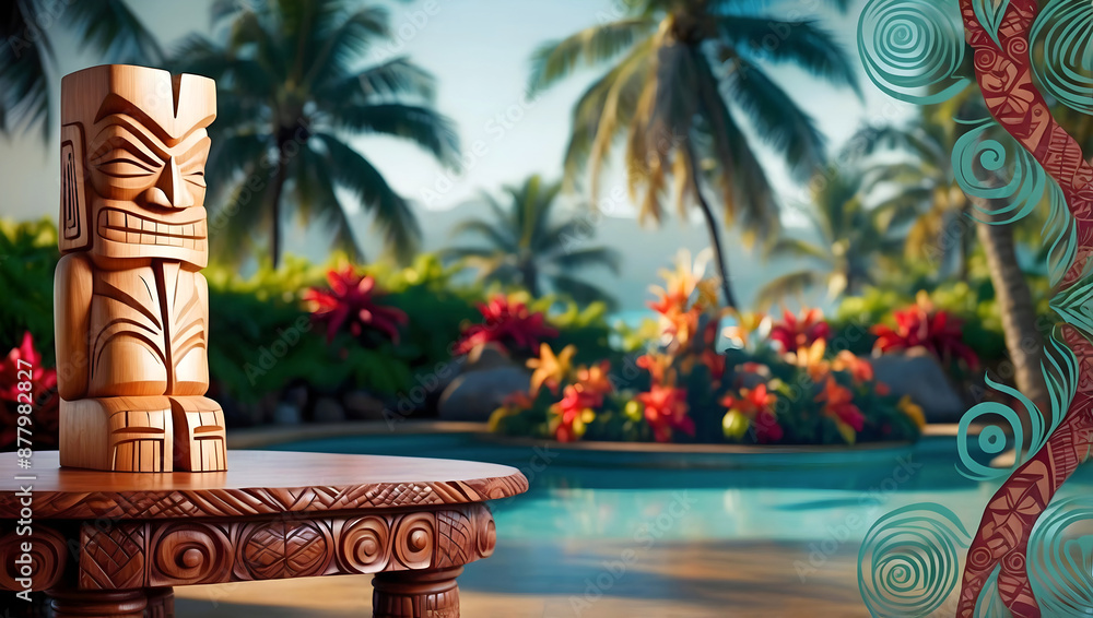 Polynesian culture, isolated wooden carved tiki statue, Hawaii background, banner with copy space text, template