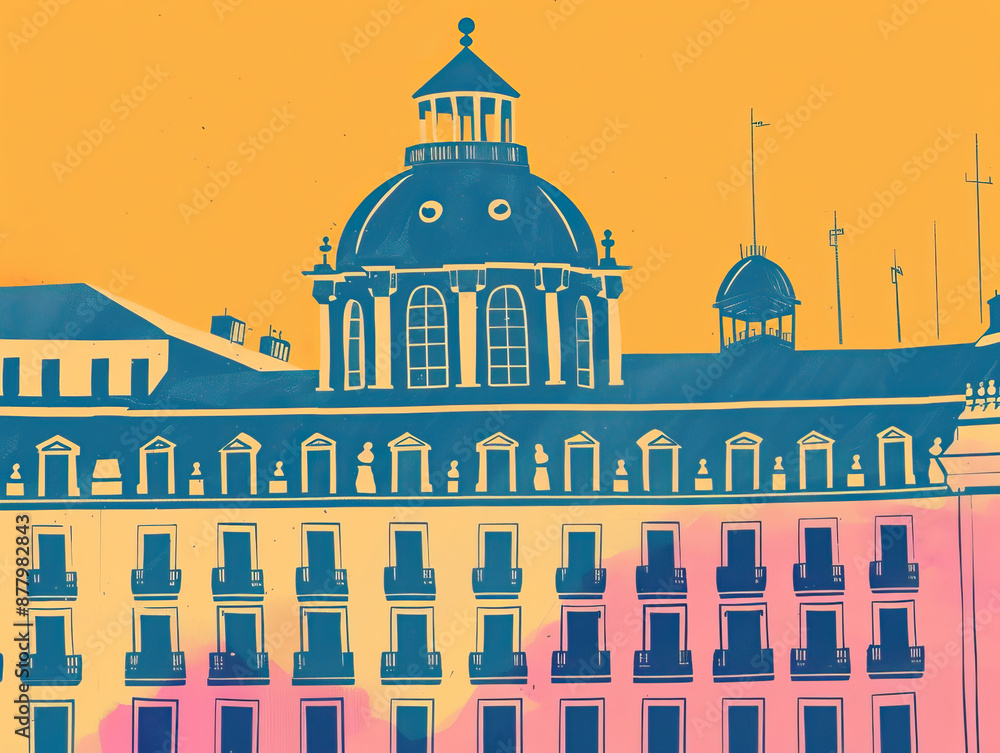 Fototapeta premium Risograph riso print travel poster, card, wallpaper or banner illustration, modern, isolated, clear and simple of Plaza Mayor, Madrid, Spain. Artistic, screen printing, graphic design