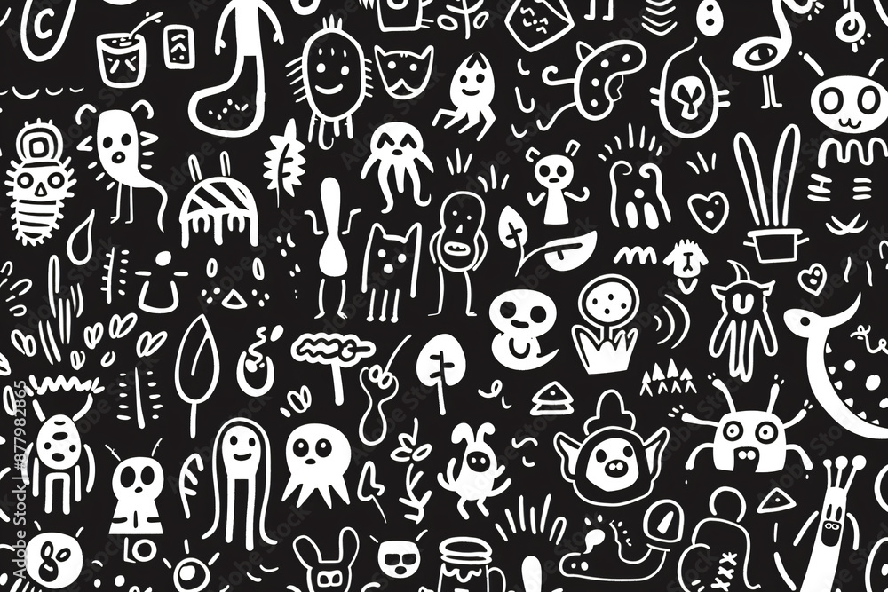 A seamless pattern of an intricate doodle drawing with many abstract shapes and lines, simple doodling drawn on black paper using white ink, whimsical, hand-drawn doodled drawings