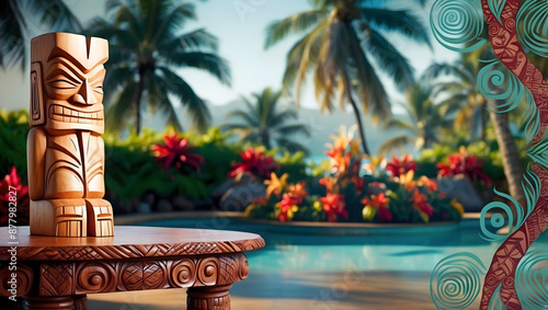 Obraz na płótnie Polynesian culture, isolated wooden carved tiki statue, Hawaii background, banner with copy space text, template w salonie