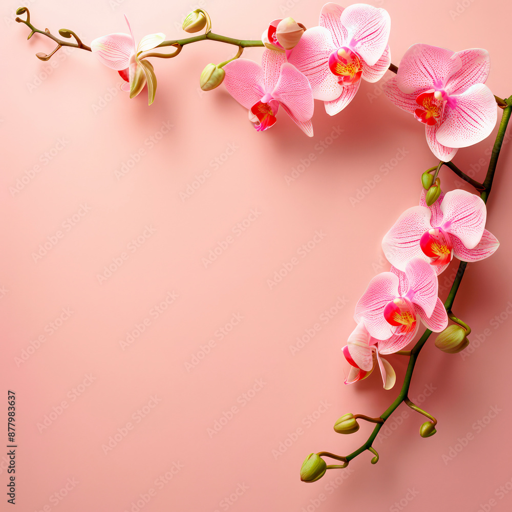 Naklejka premium A sprig of pink phalaenopsis orchid on a pink background. Copy space.