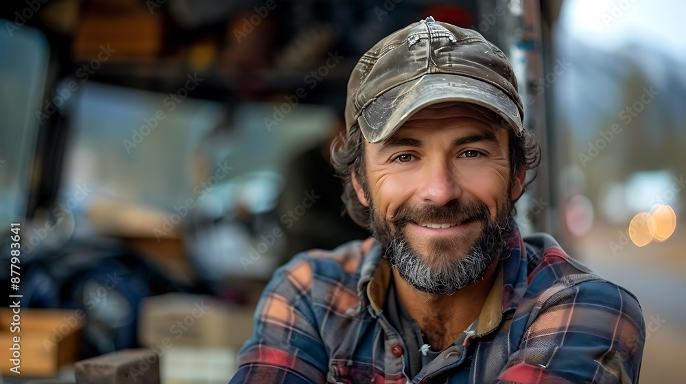 Young male truck driver standing in front of his truck, arms crossed, smiling at the camera, bearded man, wearing a hat Young male truck driver standing in front of his truck, arms crossed, smiling at the camera, bearded man, wearing a hat