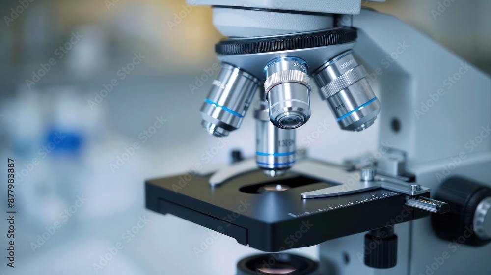 Laboratory microscope with a reflective metal lens, shown in a close-up shot. Laboratory microscope with a reflective metal lens, shown in a close-up shot.