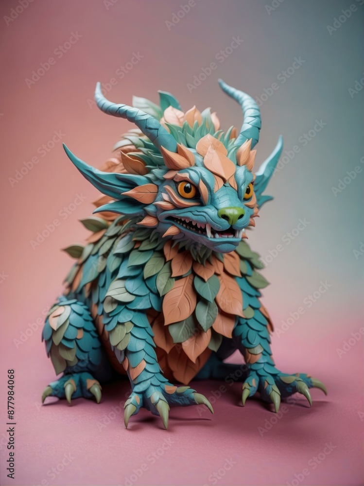 Fototapeta premium A colorful 3D rendering of a leafy dragon creature with large horns and a toothy grin. AI.