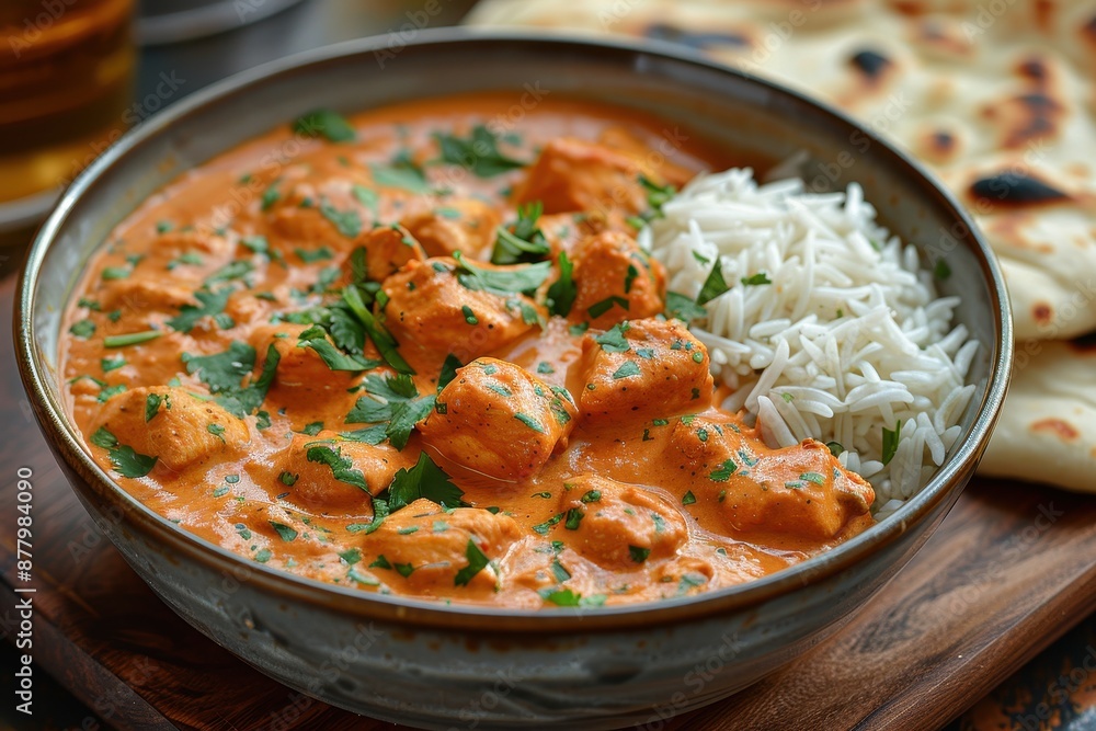 A plate of chicken tikka masala, with succulent pieces of chicken in a creamy tomato sauce, served with basmati rice and naan bread. A plate of chicken tikka masala, with succulent pieces of chicken in a creamy tomato sauce, served with basmati rice and naan bread.