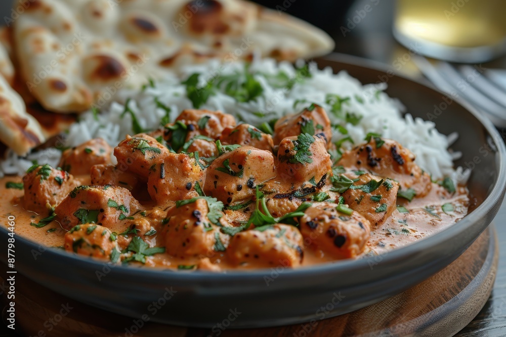 A plate of chicken tikka masala, with succulent pieces of chicken in a creamy tomato sauce, served with basmati rice and naan bread. A plate of chicken tikka masala, with succulent pieces of chicken in a creamy tomato sauce, served with basmati rice and naan bread.
