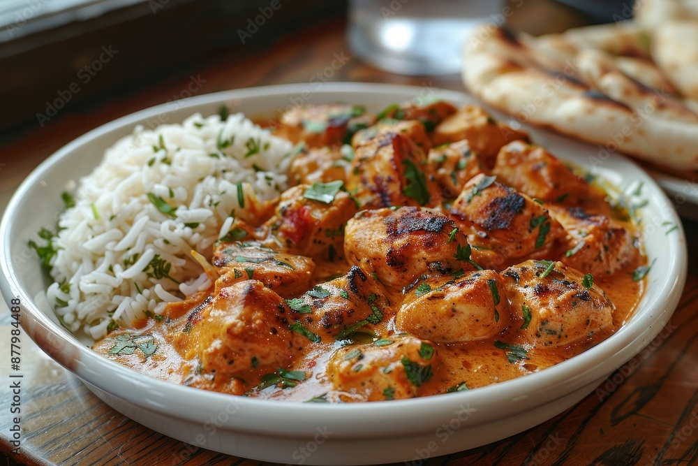 A plate of chicken tikka masala, with succulent pieces of chicken in a creamy tomato sauce, served with basmati rice and naan bread. A plate of chicken tikka masala, with succulent pieces of chicken in a creamy tomato sauce, served with basmati rice and naan bread.
