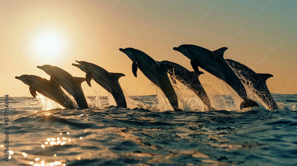 Fototapeta premium A pod of dolphins silhouetted against a clear sky at dusk, captured mid-leap