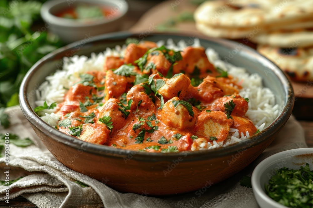 A plate of chicken tikka masala, with succulent pieces of chicken in a creamy tomato sauce, served with basmati rice and naan bread. A plate of chicken tikka masala, with succulent pieces of chicken in a creamy tomato sauce, served with basmati rice and naan bread.