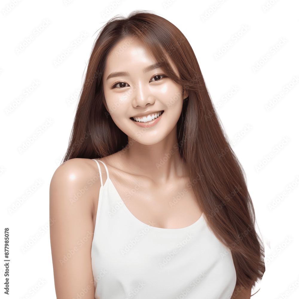 portrait of a smiling korean woman with long hair wearing white outfit isolated on transparent background portrait of a smiling korean woman with long hair wearing white outfit isolated on transparent background