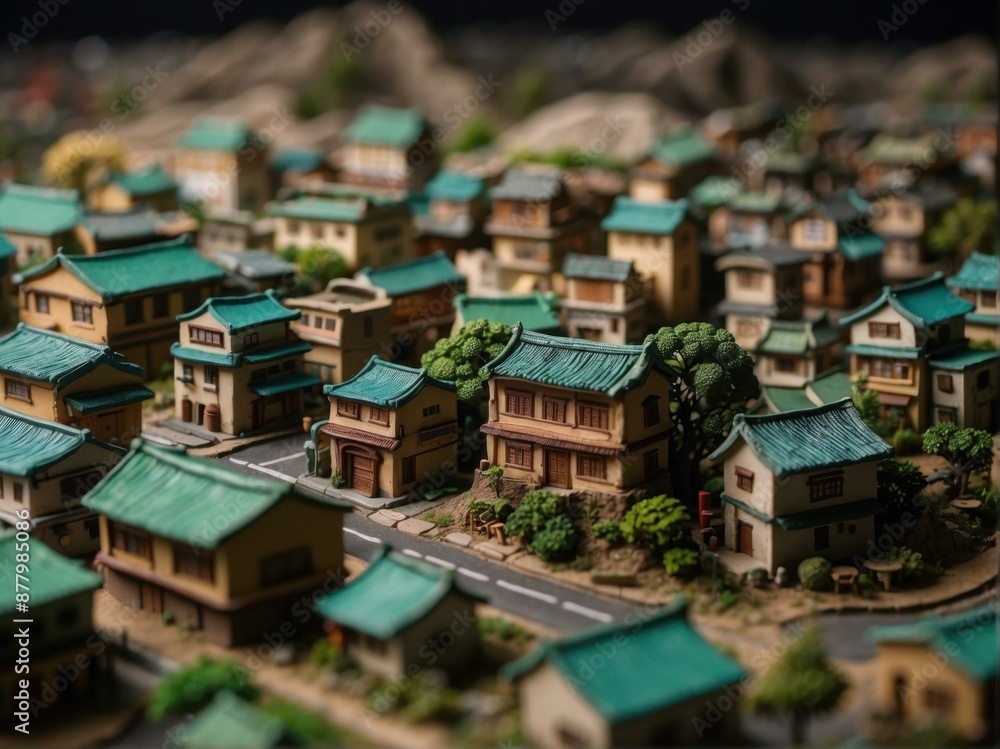 Fototapeta premium A miniature Japanese village with traditional houses and streets. AI.