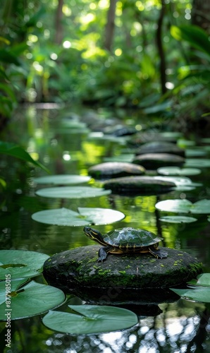 A turtle is resting on a rock in a pond surrounded by lily pads. AI.