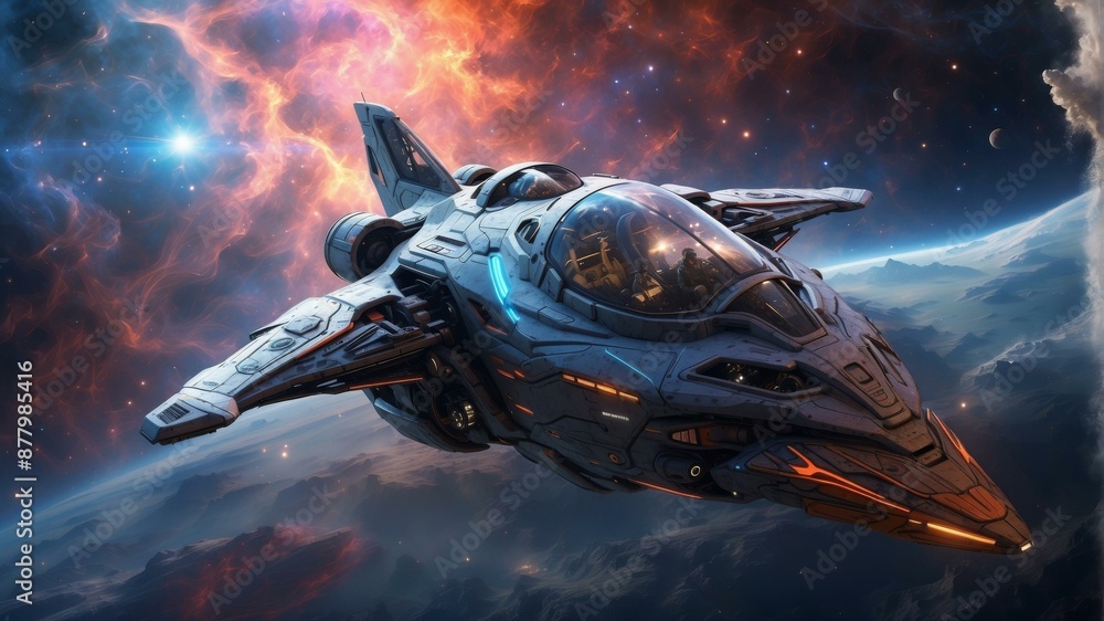 Naklejka premium A spaceship is flying in space. AI.