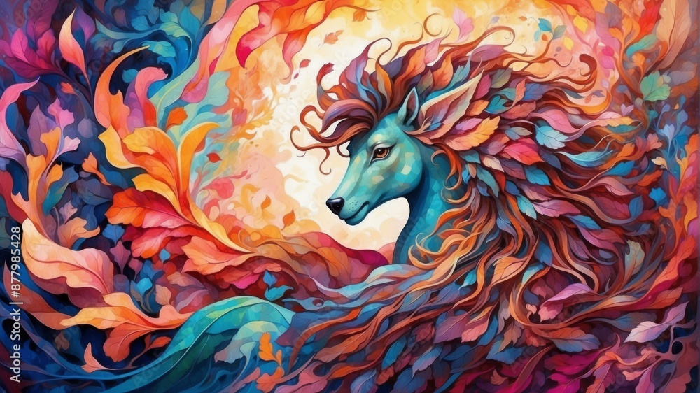 A beautiful illustration of a horse with a flowing mane made of autumn leaves. AI. A beautiful illustration of a horse with a flowing mane made of autumn leaves. AI.