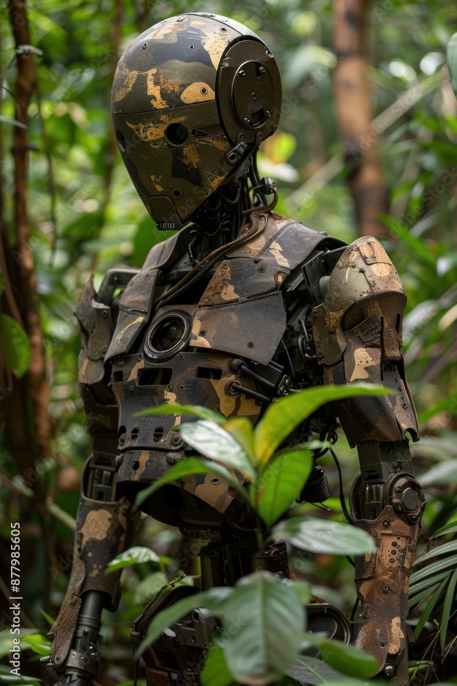 A soldier wearing a robotic suit stands in the middle of a jungle. AI. A soldier wearing a robotic suit stands in the middle of a jungle. AI.
