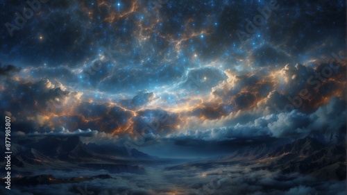 A beautiful landscape of a valley with mountains, clouds, and stars. AI.