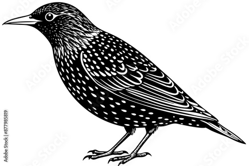 Beautiful European Starling bird lineocut vector art illustration