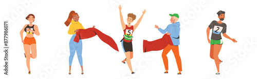 People Character Participating in Marathon Running in Sportswear with Numbers Vector Illustration Set