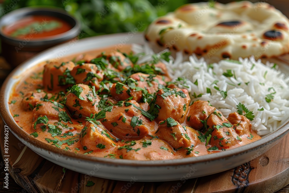 A plate of chicken tikka masala, with succulent pieces of chicken in a creamy tomato sauce, served with basmati rice and naan bread. A plate of chicken tikka masala, with succulent pieces of chicken in a creamy tomato sauce, served with basmati rice and naan bread.
