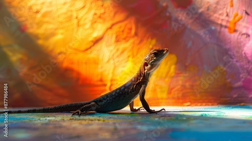 A black lizard basking in a colorful abstract light. photo