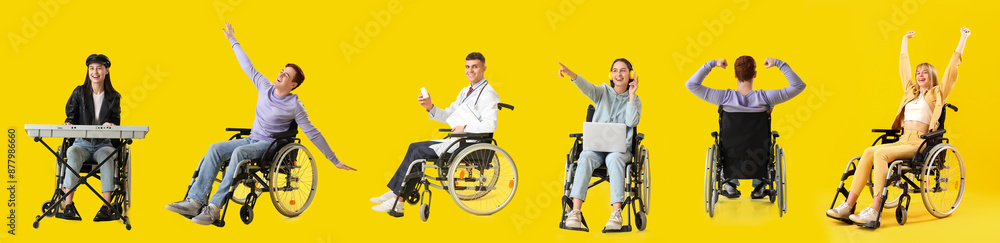 Fototapeta premium Collage of happy people in wheelchairs on yellow background