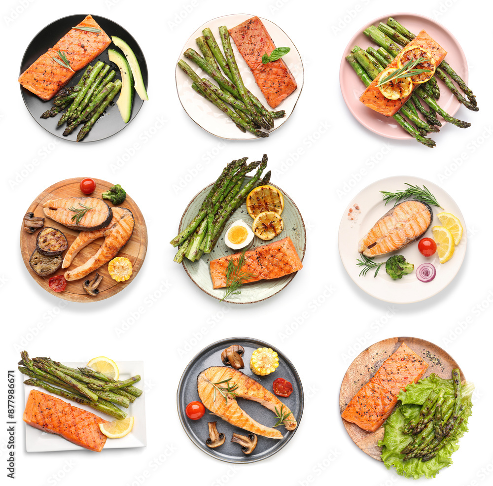 Collage of plates with tasty grilled salmon and vegetables on white background, top view Collage of plates with tasty grilled salmon and vegetables on white background, top view