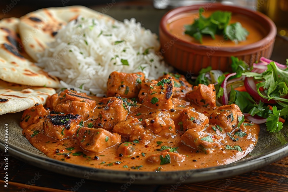 A plate of chicken tikka masala, with succulent pieces of chicken in a creamy tomato sauce, served with basmati rice and naan bread. A plate of chicken tikka masala, with succulent pieces of chicken in a creamy tomato sauce, served with basmati rice and naan bread.