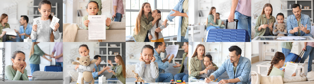 Collage of sad little girl and her parents arguing at home. Divorce concept Collage of sad little girl and her parents arguing at home. Divorce concept