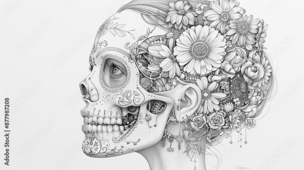 Fototapeta premium Ornate Pen and Ink Illustration of La Calavera Catrina Emphasizing Intricate Skull Makeup and Jewelry Details
