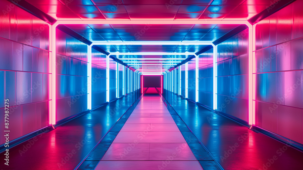 Fototapeta premium Abstract and atmospheric long corridor with neon-lit