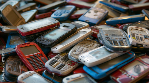 A pile of many old junky mobile phones on a table