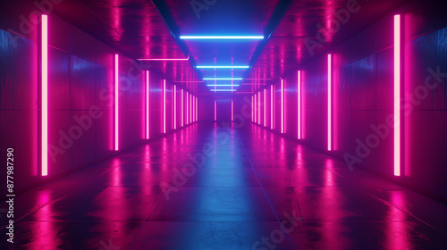 Abstract and atmospheric long corridor with neon-lit